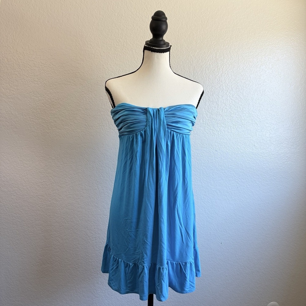 Vtg Y2K Bebe Silk Rayon Strapless Mini Dress Tropical Fairy Sz M Blue Summer